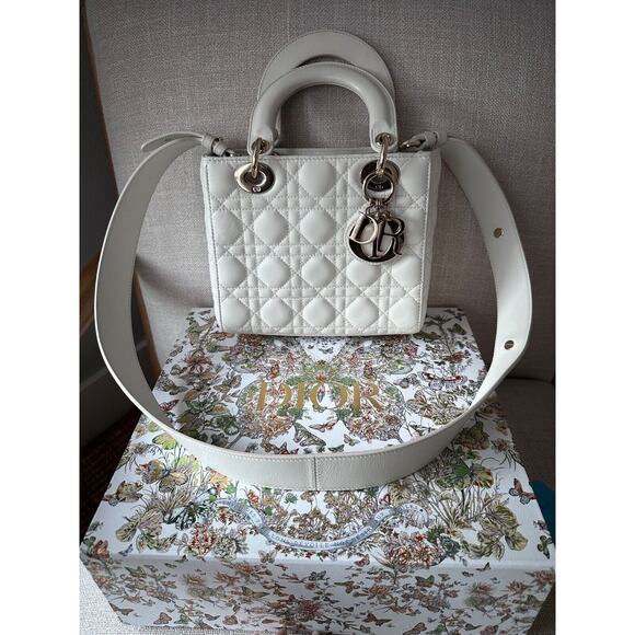 Dior Lady Dior Medium Crossbody Purse, Authentic White with Gold Hardware - Picture 2 of 10